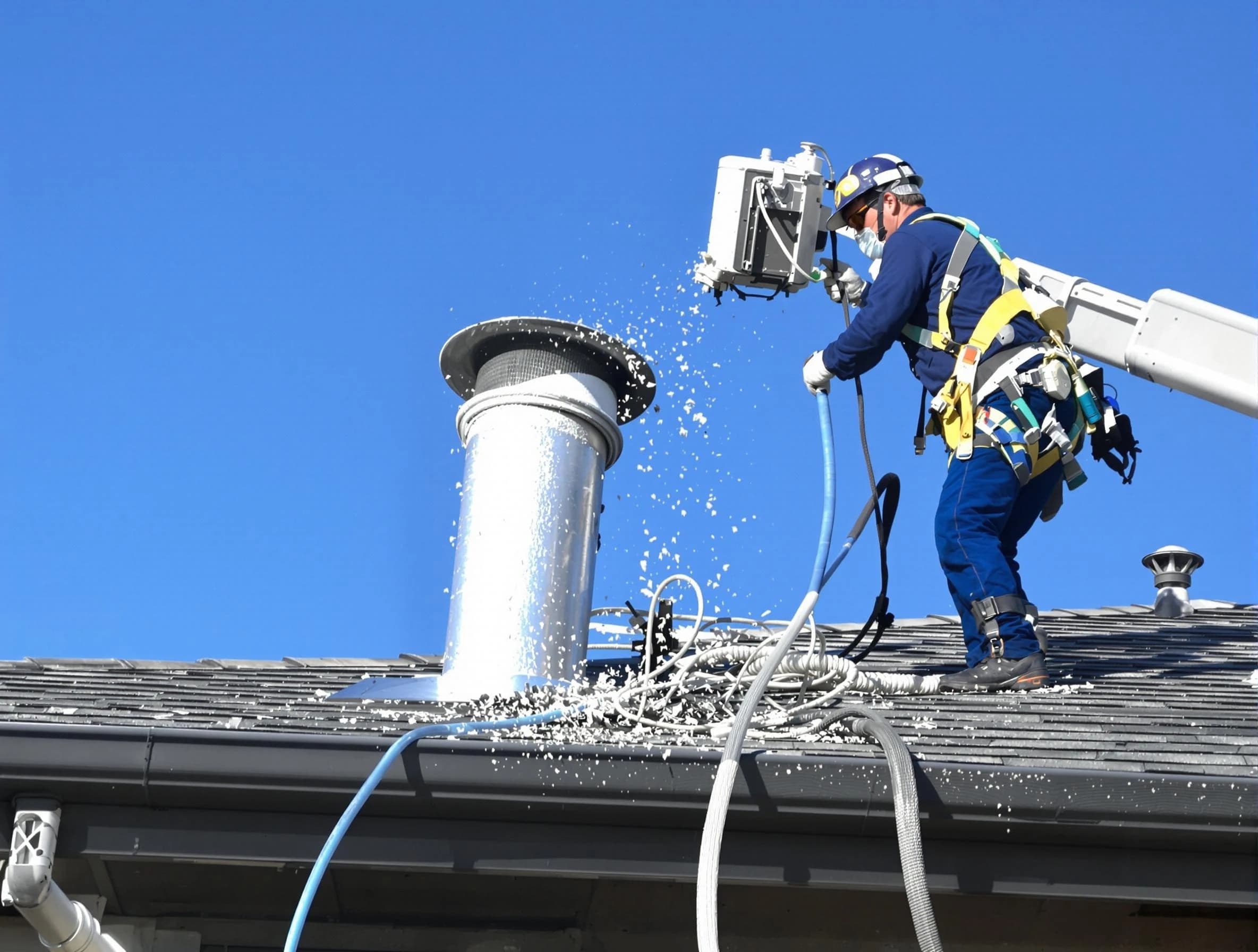 Centennial Dryer Vent Cleaning certified technician safely cleaning a roof-mounted dryer vent in Centennial